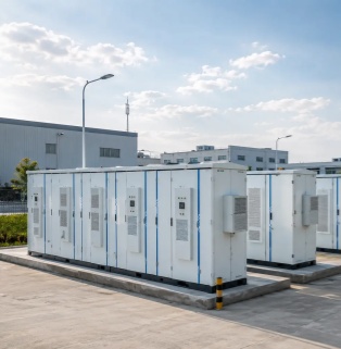 Real-world view of industrial and commercial distributed energy storage systems and modular PCS flexible capacity expansion power plants Against a backdrop of bright sunshine and a clear blue sky with light clouds, the image showcases a real-world scene of an outdoor commercial and industrial energy storage power station. In the foreground, two rows of tall, clean white rectangular energy storage converter cabinets (PCS) are securely mounted on thickened concrete bases. The cabinet surfaces are decorated with light blue vertical lines, and every two panels integrate access doors with embedded control panels and small control boxes. The panels also feature finely latticed louvers, and independent silver-gray air conditioning condensers are mounted on the sides of the cabinets. In the background behind the energy storage array, modern light gray factory buildings, a tall lamppost, and trees can be seen. The overall image is clean and professional, showcasing the efficient operation of green energy infrastructure in a modern industrial park.