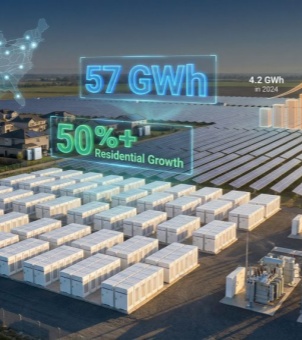 This promotional image combines a realistic view of a modern, large-scale photovoltaic and energy storage power station with a 3D, technologically advanced data visualization chart to showcase the industry's future prospects. The foreground presents a bird's-eye view of the massive energy storage power station, with dozens of white, standard containerized energy storage units neatly arranged in a tight matrix. High-voltage transformers and other substation facilities are visible in the lower right corner. Behind the power station lies a large array of solar photovoltaic panels, while the left background shows a mature residential community with individual houses. Above the azure sky and distant horizon, several luminous, technologically advanced blue and green holographic billboards float: at the top is a large, blue-glowing sign proclaiming '57 GWh'; below is a green transparent signboard displaying '50%+ Residential Growth'; to the right floats a 3D, stepped bar chart, topped with '4.2 GWh in 2024,' illustrating the rapidly increasing installed capacity trend starting in 2024; and in the upper left corner is a faintly visible map of the US power grid connection nodes. The entire display seamlessly blends massive industrial and new energy infrastructure projects with clear market growth data.