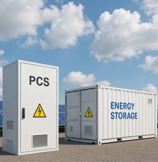 Real-world application of integrated commercial and industrial outdoor energy storage converters (PCS) and energy storage battery containers. Against a clear blue sky dotted with large, fluffy white clouds, a real-life scene of commercial and industrial energy storage hardware installed on a paved outdoor surface is displayed. At the left front of the image stands a tall, white, rectangular electrical control cabinet, prominently displaying the words 'PCS' (Energy Storage Converter) in large black letters on its front. A bright yellow lightning bolt high-voltage danger triangle warning sign is affixed to the center. The bottom and left side of the cabinet feature striped louvered ventilation windows, and a long black handle adorns the left door seam. To the right rear of the control cabinet, a standard white energy storage battery container is placed diagonally. The container's double-leaf access doors also bear the same yellow high-voltage warning sign, and the side corrugated panels are printed with the striking blue words 'ENERGY STORAGE'. Behind both devices, rows of angled blue solar photovoltaic panels are faintly visible. The overall image presents a clean, professional, and modern industrial renewable energy infrastructure.