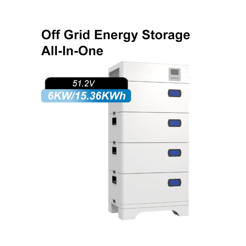 In the center of a clean, pure white background, a product image and specifications of a modular off-grid energy storage all-in-one unit are displayed. On the right side of the image is a white, vertical unit with a stacked design, composed of five overla