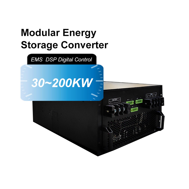On a clean, pure white background, a composite image of the core components and performance labels of a Modular Energy Storage Converter is displayed. On the right side of the image is a black rectangular rack-mounted electrical module placed at an angle.