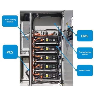 This is a technical analysis image showcasing the internal structure and hardware markings of an integrated commercial and industrial energy storage cabinet. The main subject is a gray metal electrical cabinet with an open door, featuring a compact internal structure. On the left side of the cabinet, a white 'Liquid cooling module' with a metal mesh is installed at the top, while the 'PCS' (Power Conversion System) power unit is integrated at the bottom. In the wide main aisle in the center of the cabinet, five layers of standard black battery packs are vertically stacked, labeled 'Battery cluster'. Each battery pack panel is equipped with orange high-voltage cables, black data cables, a switch knob, and a yellow high-voltage triangle symbol. Airflow or piping components are installed in the gaps at the top of the battery clusters, labeled 'Fire protection system'. The inside of the open right-hand door panel of the cabinet is covered with dense control and communication cables and a microprocessor module, labeled 'EMS' (Energy Management System). Five blue rectangular text labels with rounded corners are distributed around the cabinet, with thin blue arrows pointing precisely to the corresponding hardware locations, providing a comprehensive analysis of the internal structure of the efficient and safe industrial and commercial distributed energy storage cabinet.