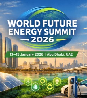 This is an official, technologically advanced visual promotional poster designed for the World Future Energy Summit (WFES) in Abu Dhabi 2026. At the top center is a giant blue globe icon, surrounded by a dynamic, deep green and bright green arc of ecological light, overlaid with the striking white bold lettering: &lsquo;WORLD FUTURE ENERGY SUMMIT 2026&rsquo;. Below this is a horizontal, deep green ribbon logo displaying the white dates and location of the event: &lsquo;13&ndash;15 January 2026 | Abu Dhabi, UAE&rsquo;. The mid-ground of the poster vividly showcases the cityscape of Abu Dhabi: on the left, towering modern glass-walled skyscrapers; in the center, the magnificent, classically styled white Sheikh Zayed Grand Mosque dome; and in the foreground, a clear, turquoise river. The foreground showcases the green energy ecosystem: in the lower left corner, a row of neatly arranged, sun-facing, deep blue solar photovoltaic panels; in the lower right corner, a white electric car is being charged by a silver smart charging station; and in the distance, a cluster of rotating wind turbines stands on a hillside. At the bottom of the image, in the center of a lawn, five green hexagonal icons representing new energy technologies (including wind power, a water droplet, recycling, an eco-symbol, and an energy-saving light bulb) are arranged vertically. The entire image is rich in color, perfectly blending technology, humanity, nature, and future energy.