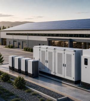 A panoramic photo taken at sunset showcases the seamless integration of rooftop photovoltaic power generation and ground-mounted energy storage systems in an industrial park. In the background stands a massive, modern, two-story industrial building with white metal walls and a row of neat, long glass windows. Its huge, single-sloped roof is covered with a vast array of neatly arranged blue solar photovoltaic panels. In front of the building, on a flat concrete surface, is a standardized distributed energy storage unit: on the right is a large and two smaller white integrated industrial and commercial energy storage cabinet with a front door featuring a fine gray ventilation mesh. The rightmost cabinet has a black digital control display screen embedded in its front, and robust black wiring conduits at the bottom. To the left of the cabinet group are four identical white medium-sized modular energy storage battery cabinets with black bases, arranged in a neat row. In front of the energy storage unit is a greenbelt with low green shrubs and gray gravel, with distant mountains and a clear sky glowing with golden sunset colors faintly visible in the background. The entire scene is clean and grand, clearly presenting the actual application of modern industrial and commercial microgrids with their power generation, grid, load, and energy storage systems.