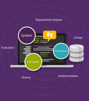 A flat, conceptual illustration depicting the entire lifecycle of digital software development against a deep purple background. At the center is a thin, white laptop laid flat, its black screen displaying multiple lines of black, green, pink, and yellow horizontal bars representing code or data. Above the screen floats a bright yellow square speech bubble icon with white quotation marks inside. Around the laptop, three circular, colored labels with thick white borders float in a staggered, overlapping pattern: a deep purple circle with the word 'System' in white at the top left, a light green circle with 'Life Cycle' directly below, and a blue-green circle with 'Development' on the right. Adjacent to the right of the laptop is a standard database icon composed of three stacked silver-gray cylinders. The core visual is subtly surrounded by several concentric, light-colored wavy lines. Neatly arranged white text in each direction represents a different stage of software engineering: 'Requirement Analysis' at the top, 'Design' on the right, 'Implementation' at the bottom right, 'Testing' at the bottom, and 'Evaluation' on the left. The overall design is modern and vibrant, vividly presenting the technical framework of the smart green energy system in requirements analysis and digital software development.