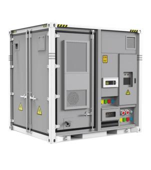 A modern industrial product visual image showcasing a 10-foot compact containerized integrated energy storage system (ESS) against a clean, pure white background and from a 3D perspective. The unit has an overall cube shape, with its outer shell composed of highly protective matte dark gray metal panels combined with pure white container corner posts and structural frames. The left side features a standard containerized double door with multiple vertical metal locking bars and fastener hinges; each door panel has a bright triangular yellow high-voltage hazard warning sign affixed to its lower half. On the upper right side of the front panel, a dark gray maintenance door with large ventilation louvers is installed side by side. A yellow label indicating the container's height ('2.59m 8'6") is affixed to the right panel. Multiple electrical control and digital monitoring panels are cleverly integrated to the right and below the maintenance door, including a white rectangular LCD data monitoring display, an embedded square black control window, and two neatly arranged matrix terminal blocks in the lower middle section&mdash;each with brightly colored waterproof and insulating protective covers in green, yellow, red, and blue. The right side of the terminal block also features a red circular industrial socket and an emergency stop control knob. Yellow high-voltage triangle symbols are printed in several places on the unit. The top edge of the container features a yellow and black reflective safety stripe, and the bottom is equipped with standard forklift slots and mounting holes. The entire unit is seamlessly integrated and structurally robust, perfectly showcasing the lean manufacturing process of a mobile integrated power grid-load-storage converter.