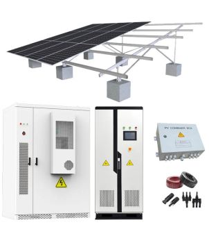 A product concept and rendering image against a pure white background, showcasing a modular combination of hardware and software integrated equipment for a 100kW distributed photovoltaic system. The image is divided into two main parts: the upper part is a 3D model of a tilted solar photovoltaic array; the left side shows multiple dark blue rectangular monocrystalline silicon photovoltaic panels neatly laid out; and the right side exposes the silver-gray metal longitudinal beams and transverse guide rail support structure that support the photovoltaic panels. The entire support system is firmly anchored to six neatly arranged square gray concrete foundation piers on the ground. The accompanying electrical control hardware is displayed side-by-side from left to right at the bottom of the screen: On the left is a tall, pure white commercial and industrial power converter cabinet with two black door handles, fine vertical ventilation grilles, a protruding rectangular maintenance box, and a striking yellow triangular lightning bolt safety symbol; in the middle is a similarly styled, narrow white intelligent control cabinet with a vertical black decorative strip in the center, and a black digital control LCD touchscreen embedded in its upper half, with bright orange indicator lights below the screen. The cabinet also has two yellow triangular lightning bolt warning symbols, and a double-grid exhaust vent at the bottom; above and to the right is a gray square intelligent photovoltaic combiner box, with high-voltage warning signs and multiple sets of waterproof wiring connectors on its surface; below the combiner box are neatly arranged standard electrical installation accessories such as red and black dual-color DC cable coils, MC4 waterproof quick connectors, and multi-way parallel branching devices. The entire chart is cleanly laid out, with a clear hierarchy, systematically showcasing the core hardware supply chain of a complete photovoltaic power station.
