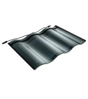 This image, presented against a clean, pure white background using a top-down, oblique, three-dimensional perspective, showcases the appearance of a modern three-curved solar roof tile. The tile is rectangular in shape, featuring three continuously undulating, smoothly transitioning wave-like three-curved surfaces, evoking the aesthetic streamlined beauty of traditional roof tiles. The main body of the tile is dark gray to jet black, with a high-quality, semi-transparent glass-like surface reflecting a glossy sheen, subtly revealing the integrated photovoltaic thin film or silicon wafer layer structure within. A black, fully sealed DC electrical connection cable extends from the upper left corner and behind the upper edge of the tile, ending with two standard waterproof plastic quick-connect plugs. The image is free of any other background clutter, clearly distinguishing the main subject from the background, exuding a strong sense of technology, and clearly presenting the exquisite craftsmanship and industrial design of the BIPV (Building Integrated Photovoltaic) curved roof tile.