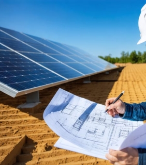This is a photograph taken on a clear, cloudless daytime day, showcasing a photovoltaic system integrator and technical engineer checking design drawings at a ground-mounted power station construction site. The image uses a close-up composition on the right: the upper right corner reveals a corner of the engineer's standard white safety helmet; in the foreground on the right, his hands are outstretched, holding a large white-background, black-lined architectural and electrical system design blueprint (the blueprint clearly shows dense room outlines, wiring, and structural floor plans), while his right hand holds a black pencil, marking and checking the drawings. In the mid-ground to the engineer's left, a row of large monocrystalline silicon solar panel matrices stretches diagonally to the left and rear, the dark blue photovoltaic modules neatly fixed to silver-white high-strength metal support legs and horizontal rails. The power station ground is leveled, with large areas of regularly undulating, wavy gripping soil. In the background, a row of lush green windbreak trees can be seen in the distance. The entire photo is bright and clear, with vivid colors, clearly presenting the rigorous and scientific blueprint planning, on-site surveys, and digital engineering delivery in the construction and system integration process of new energy power plants.