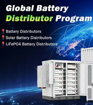 This is a digitally-driven marketing poster for new energy investment, promoting the Global Battery Distributor Program. The background is a deep, technological blue with horizontally flowing bright blue light bands and starlight accents. In the upper right corner, a blue globe model showing parts of North America and Asia is depicted, surrounded by interwoven, semi-transparent white lines of latitude and longitude representing digital network interconnection. In the upper left corner, prominent text reads: the first line is italicized white &ldquo;Global Battery,&rdquo; and the second line combines bright green &ldquo;Distributor&rdquo; with white &ldquo;Program.&rdquo; Below the text, three white project key points with red pin icons are arranged vertically: &ldquo;Battery Distributors,&rdquo; &ldquo;Solar Battery Distributors,&rdquo; and &ldquo;LiFePO4 Battery Distributors.&rdquo; In the lower right corner, a modern white commercial energy storage cabinet is shown from a 3D perspective angle. The cabinet's double doors are fully open, revealing two rows of vertically stacked, densely arranged gray modular battery packs. Each battery module has red and black electrical terminals and small indicator lights on its front. A pure white, compact inverter unit is mounted on the left side of the cabinet, with a green rectangular digital LCD control panel embedded in its center. The open right door features two sections of fine gray ventilation louvers. The entire setup is clearly defined, exuding a strong sense of modern industrial electrical technology and a global channel recruitment atmosphere.