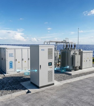 This is an industrial technology visual image rendered in 3D high definition, showcasing the operating logic and equipment integration scheme of the core energy storage converter (PCS) of a photovoltaic-storage power station. In the foreground, a gray rectangular intelligent PCS converter cabinet stands prominently. The word 'PCS' is printed in blue on the upper left corner of the cabinet, and a black door handle is located on the front panel. On the right side, two vertically arranged fine vertical heat dissipation louvers are arranged, with a square digital control display screen and a red emergency stop button embedded in the center of the two grilles. In the background to the left of the cabinet, a large white battery energy storage container is deployed, with a striking blue battery graphic and the words 'BATTERY ENERGY STORAGE' printed on the side. Between the PCS cabinet and the energy storage container, an energy flow line composed of light blue luminous particles and bidirectional arrows floats, with a semi-transparent blue rounded square labeled 'DC' (direct current) at its center. To the right rear of the PCS cabinet, a large industrial-grade gray power transformer with insulating porcelain insulators, heat sinks, and interconnecting pipes is mounted. Connected to its right is another high-voltage distribution cabinet. A set of light blue bidirectional illuminated arrows bearing the word 'AC' (Alternating Current) connects the PCS cabinet and the transformer, visually simulating the bidirectional conversion and transmission of AC and DC power. The entire power system is installed precisely on the ground of a modern outdoor power station, separated by concrete curbs and paved with gray gravel. In the mid-ground depths, a large, deep blue centralized solar photovoltaic array stretches infinitely into the distance. The background is an extremely open and bright azure sky, with thin, graceful white cumulus clouds floating near the horizon. The entire chart is meticulously laid out, technologically advanced, and clearly showcases the hardware supply chain and system integration of a modern green microgrid.