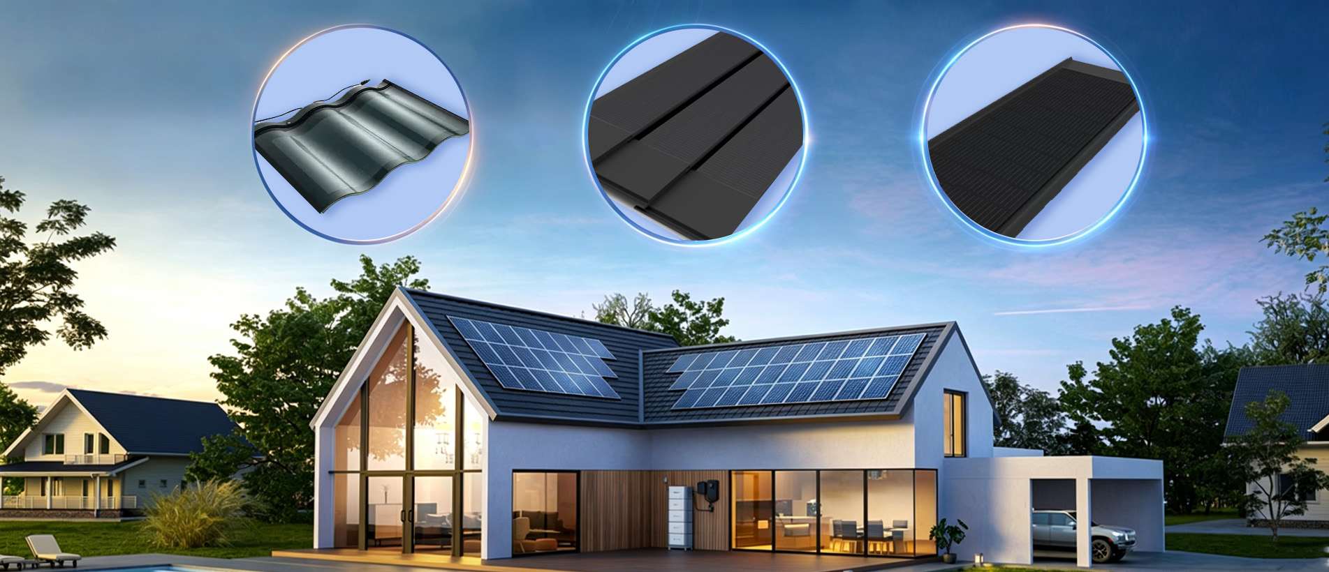This is a tech-inspired marketing poster featuring an ultra-wide format, combining a villa application scenario with close-up details of individual products, aiming to showcase the renovation of old house roofs and the upgrade of solar photovoltaic tiles