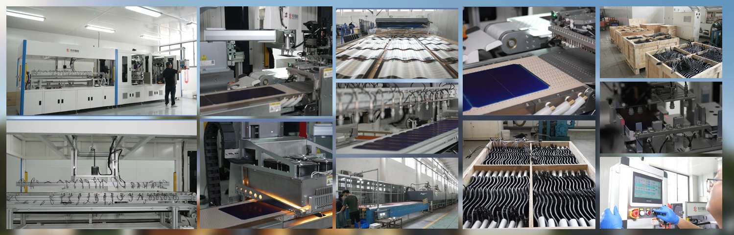 This is a multi-image poster used to promote a new energy manufacturing company. It employs an ultra-wide format and multi-grid design to showcase the entire precision manufacturing process of an intelligent solar photovoltaic tile factory. The poster consists of approximately twelve closely arranged snapshots of industrial production at varying sizes: the two large images on the left show tall, spacious, brightly lit, white, dust-free, intelligent industrial units, multi-axis robotic arms, and automated transport rails with cable bundles. A worker in casual clothes is seen operating a control panel. The multiple medium-range images in the center and upper part of the poster depict the core cell processing operations, showing deep blue, square, high-efficiency monocrystalline silicon cells being precisely transported and welded on metal tracks, and the spectacular scene of large-area, matrix-like curved photovoltaic tile substrates neatly passing through automated baking or cleaning conveyor belts. The two shots on the lower right focus on warehousing and quality control packaging: a close-up of a wooden crate shows a large number of finished three-curved photovoltaic tiles with black, wavy streamlines neatly and tightly stacked vertically in heavy-duty solid wood transport crates with cross-shaped wooden grids; the upper right corner shows a large-scale shipment scene with multiple crates filling the entire logistics warehouse. The last frame in the lower right corner focuses on the precision details of quality control personnel wearing bright blue anti-static gloves adjusting automated production line parameters in front of an advanced INOVANCE CNC LCD touchscreen. The entire poster has a clear hierarchy of importance, a strong sense of technology, and rich industrial details, comprehensively showcasing the modern manufacturing process and robust supply chain fulfillment capabilities of BIPV's green, low-carbon, and new energy building materials.
