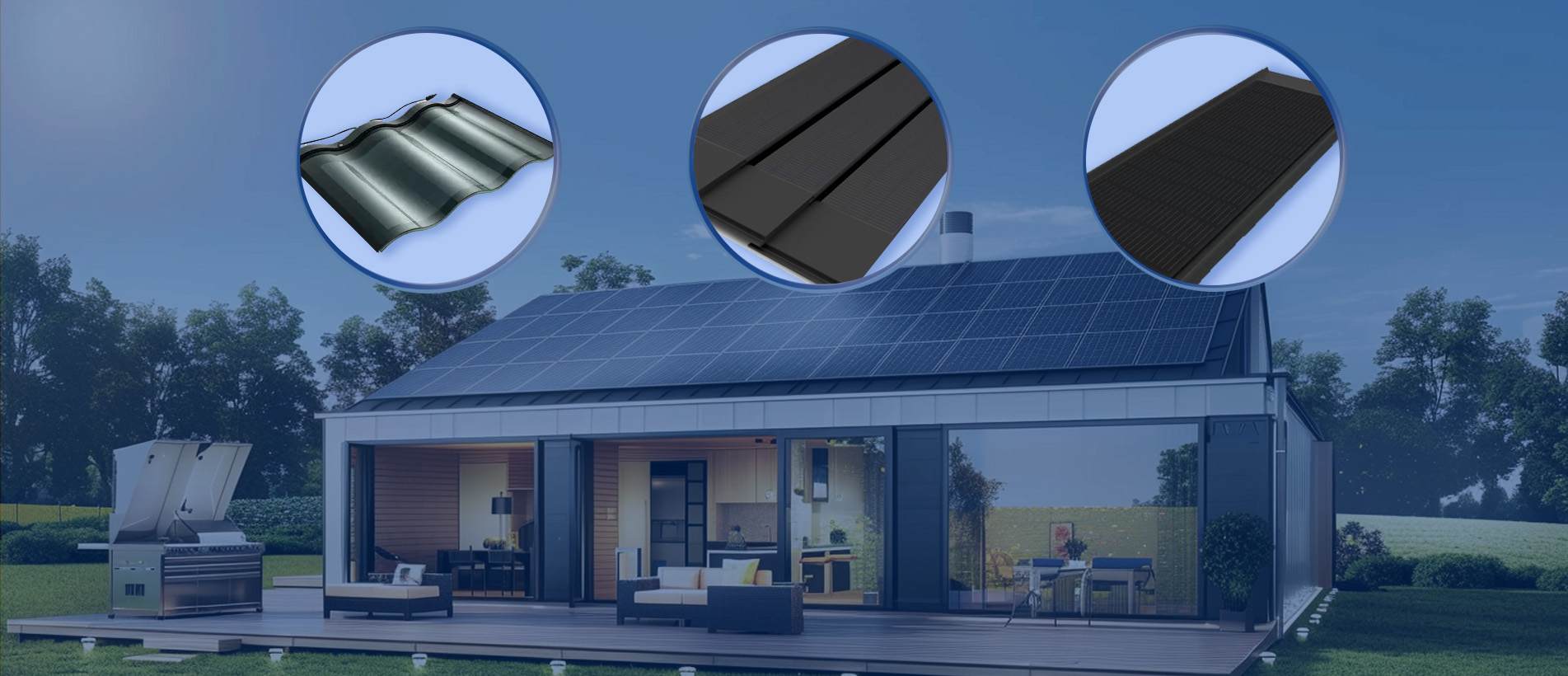 This is a tech-inspired marketing poster featuring an ultra-wide format, combining a villa application scenario with close-up details of individual products, aiming to showcase the renovation of old house roofs and the upgrade of solar photovoltaic tiles