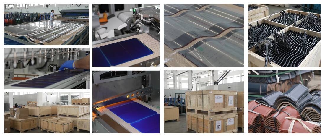 Real-world images of the intelligent factory production line and mass production of BIPV Next-Generation Roof Solar Tile Solutions. This poster, used by a B2B foreign trade company specializing in new energy building materials, employs an ultra-wide format and a nine-grid multi-image design to showcase the intelligent manufacturing and mass production of next-generation roof solar tile solutions. The poster comprises nine closely arranged factory snapshots of varying sizes: multiple close-ups on the left and center depict a clean and bright modern dust-free workshop, where deep blue, high-efficiency monocrystalline silicon solar cells are precisely processed on a perforated metal conveyor belt, passing through automated units equipped with bright orange high-temperature hot-melt or infrared welding; a quality control worker, wearing bright blue anti-static gloves, performs precise component alignment and parameter fine-tuning beside an automated track; and a close-up at the top clearly shows the smooth, mirror-like reflective texture of three-curved solar photovoltaic tiles with a wavy, streamlined shape after glass lamination on the production line. The right and lower sections feature multiple shots focusing on the robust supply chain warehousing and large-scale logistics preparation: several shots showcase a spacious factory shipping hall, where dozens of giant heavy-duty shipping crates, constructed with solid wood frames and bearing white square export labels, are neatly stacked high on the floor; inside the open crates, hundreds upon hundreds of solar photovoltaic output cables with black waterproof connectors are meticulously and densely bundled. The final shot in the lower right corner shows a large quantity of finished, dark gray antique-style corrugated roofing tiles with an elegant microcrystalline sheen, as well as traditional brick-red photovoltaic roofing tiles, neatly and tightly bundled together with white packing straps in an outdoor yard. The entire poster is well-composed, with extremely robust industrial details, comprehensively showcasing the high-standard manufacturing processes and large-scale delivery capabilities of next-generation BIPV photovoltaic building materials.