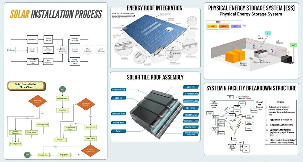 Comprehensive Flow Chart & Structure Diagram of Solar Installation and Energy Storage System This is a comprehensive infographic measuring 1200x650 pixels. The left side shows the solar installation process and detailed installation steps; the middle shows the structural design of the Energy Roof and the hierarchical cross-section of the Solar Tile Roof Assembly, including details such as waterproofing and insulation layers; the right side shows the indoor layout of the Physical Energy Storage System (BESS/ESS), the DC/AC conversion path, and the hierarchical relationship between the system and facilities. The entire infographic is presented in a symmetrical, scientific booklet layout with clear blue, green, and orange module divisions.