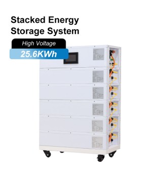 An image of a stacked energy storage system against a white background. The image centers on a storage cabinet composed of six layers of vertically stacked white rectangular battery modules, mounted on a wheeled base. A black LCD screen is embedded in the top control module, and yellow high-voltage interconnects and black connectors are visible on the right side of the cabinet, linking the modules. The upper left corner displays the words 