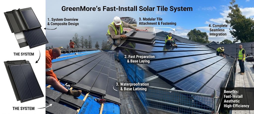 GreenMore fast-install solar tile system featuring product breakdown and step-by-step roof installation process