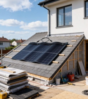 GreenMore curved solar photovoltaic tiles are being installed at a residential roof renovation construction site.