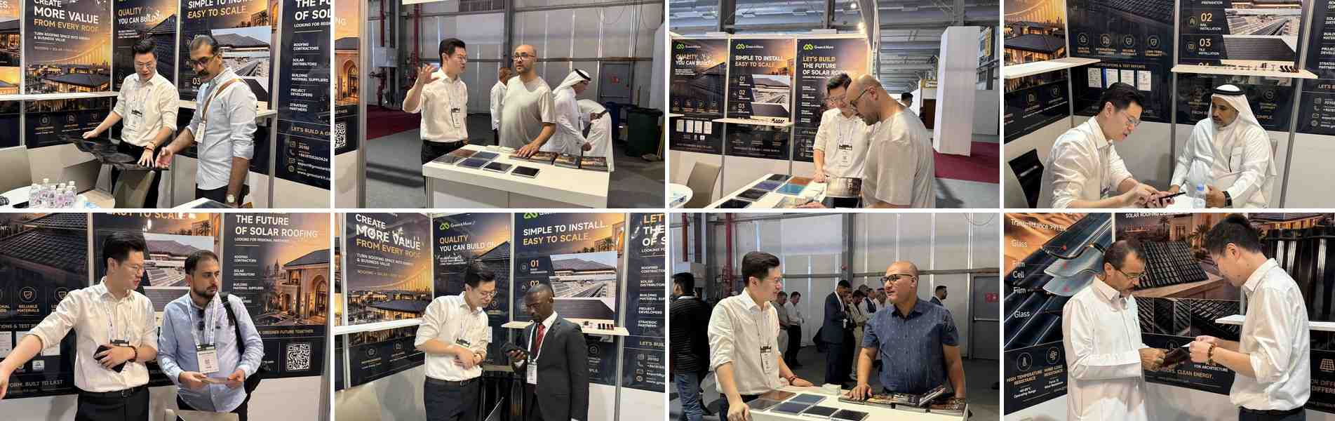 greenmore-bc-solar-roof-tiles-big5-saudi-exhibition GreenMore team demonstrating BC solar roof tiles to international clients at Big 5 Construct Saudi 2026 booth 2G102.