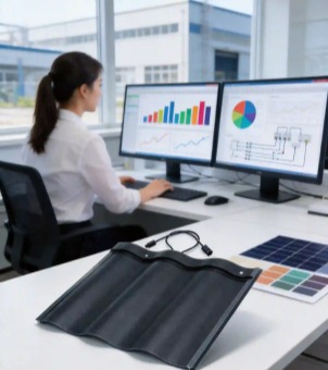GreenMore engineers plan solutions at a dual-screen workstation displaying generation data and system circuit diagrams, with three-curved photovoltaic tiles on the table.
