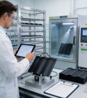 GreenMore R&D personnel monitor spray and weather-resistance test data of photovoltaic tile samples in the laboratory, supporting product development and quality control.