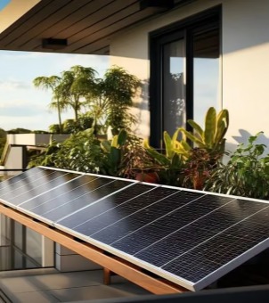 GreenMore balcony solar power generation kit tilted and fixed to the balcony railing of a modern residence.