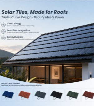 A promotional poster for GreenMore's curved solar roof tiles showcases the effect of whole-house installation, the product's three major advantages, and six multi-colored tile samples.