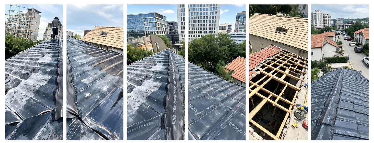 A complete assembly diagram of the GreenMore photovoltaic tile roof construction and renovation process, showcasing details of the wooden frame construction, waterproofing layer installation, and tile assembly.
