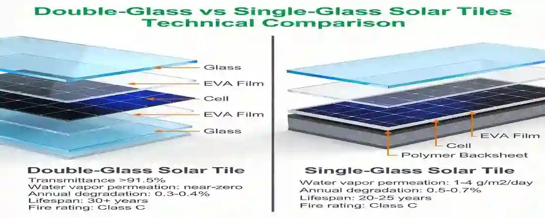 greenmore-double-glass-vs-single-glass-solar-tile-comparison A comparison chart of technical parameters for GreenMore double-glass and single-glass photovoltaic tiles, showing differences in structural layers, light transmittance, attenuation rate, lifespan, and fire resistance rating.
