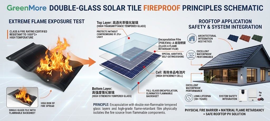A detailed infographic illustrating GreenMore's A-level fireproof test with a double-glass solar tile cross-section, showing high light transmittance glass and fire-retardant encapsulation.