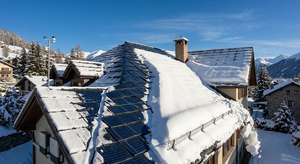 A winter snow scene image of GreenMore's triple-curved solar tile roof, showcasing its structural stability and compressive strength under non-uniform snow loads.