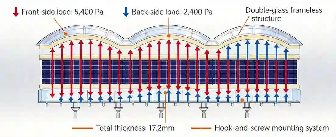 GreenMore triple-curved double-glass photovoltaic tile load structure analysis diagram, labeled with 5400Pa forward snow load, 2400Pa rear wind load, and hook fixing system.