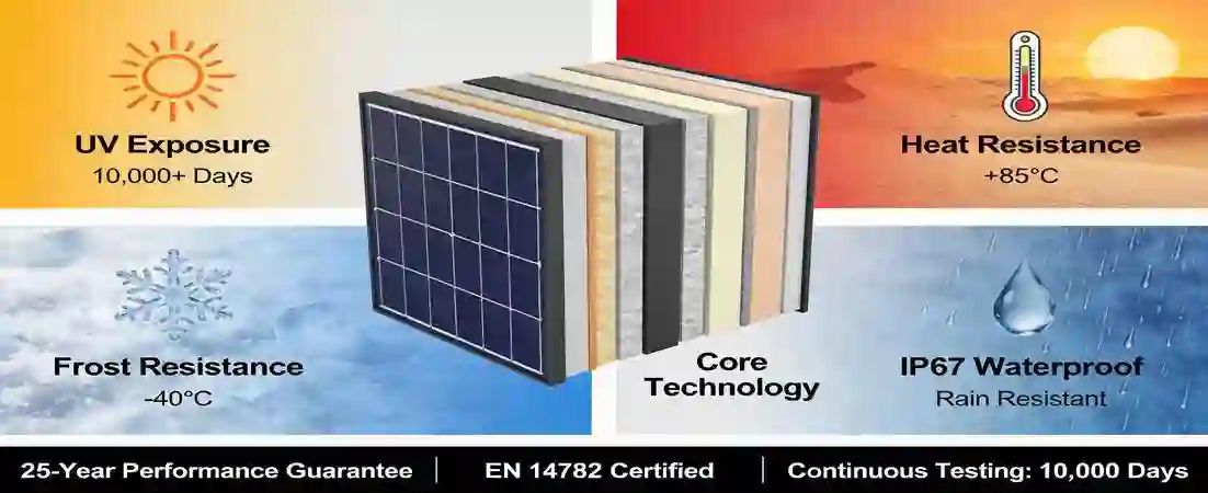 GreenMore photovoltaic tiles feature a multi-layered structure and weather resistance diagram, showcasing 10,000 days of UV resistance, temperature resistance from -40&deg;C to +85&deg;C, and IP67 waterproof rating.