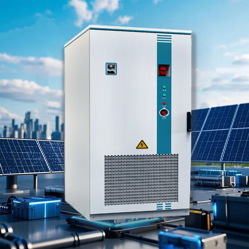 GreenMore liquid-cooled outdoor battery cabinet installed alongside ground-mounted solar panels with city skyline background, demonstrating integrated PV and energy storage solution for comme