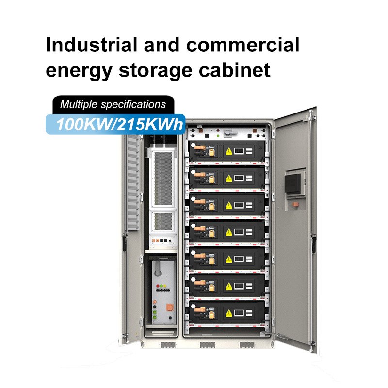 The internal structure diagram of the GreenMore 100kW/215kWh commercial and industrial energy storage cabinet shows the modular battery and power distribution control system.