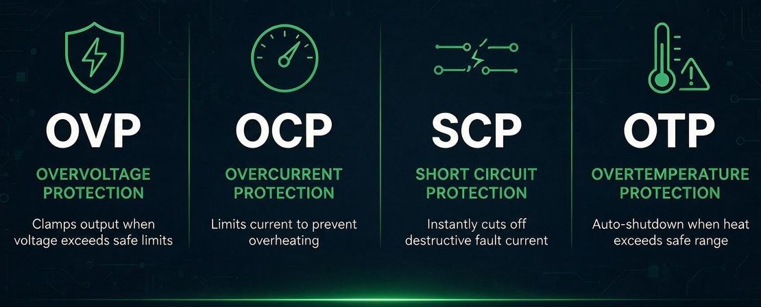 greenmore-bess-inverter-hardware-protection-features GreenMore's energy storage and inverter system safety protection diagram includes overvoltage, overcurrent, short circuit, and overtemperature protection.