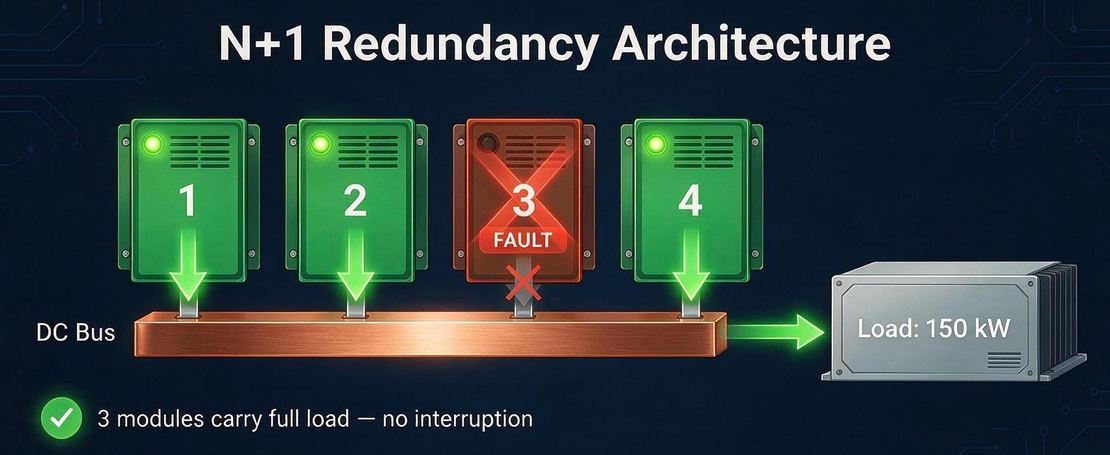 GreenMore power system N+1 redundancy architecture schematic diagram, demonstrating uninterrupted power supply in the event of module failure.
