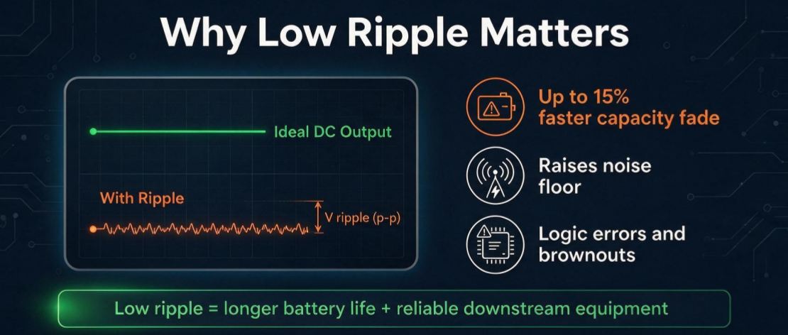 GreenMore's low-ripple DC power supply comparison chart demonstrates the role of low ripple in extending battery life and ensuring equipment stability.