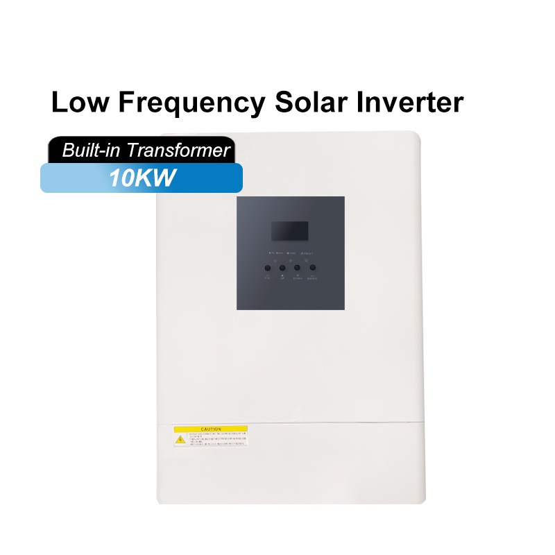 A white background image of a 10kW built-in transformer power frequency solar inverter, featuring an LCD operating interface and warning labels.