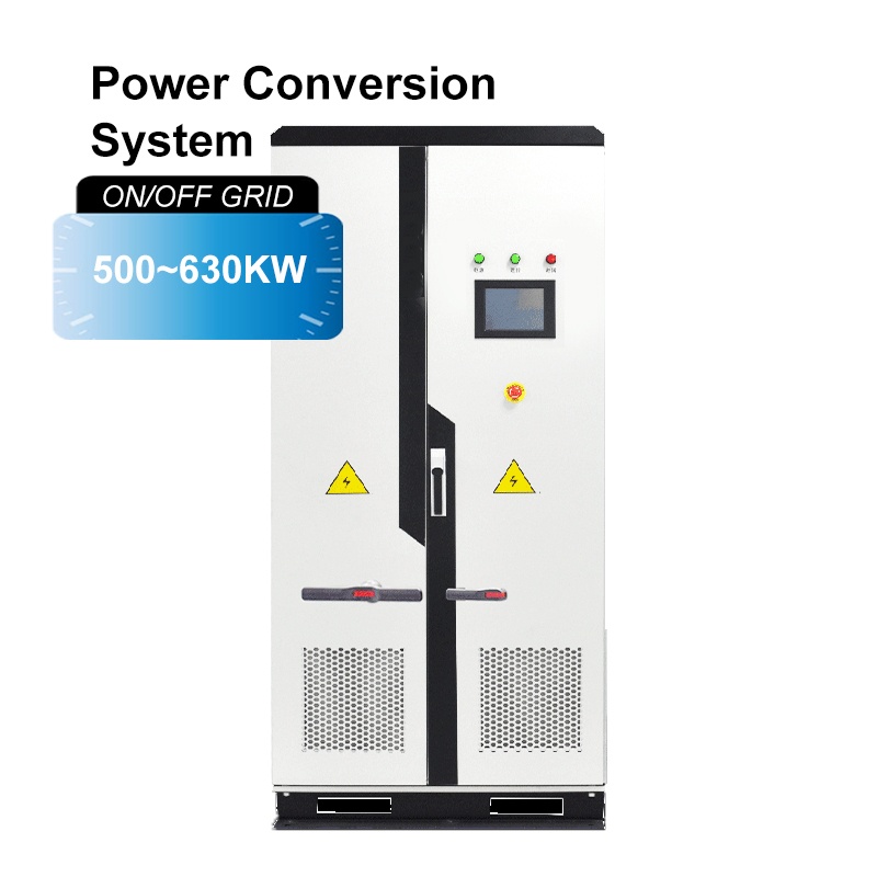 Front view of 500KW-630KW grid-connected and off-grid energy storage converter, featuring built-in LCD touchscreen and grid-connected/off-grid switching function.