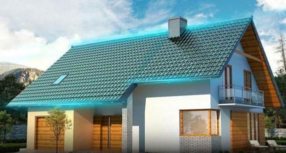 Rendering of a GreenMore detached villa with a pitched roof covered in dark green tri-curved arched solar tiles.