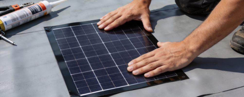 Construction workers are laying and installing GreenMore lightweight flexible solar modules on the waterproof roof membrane.