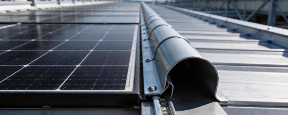 Close-up of GreenMore solar photovoltaic modules installed on a metal roof, along with specialized mounting clamps and cable protection channels.