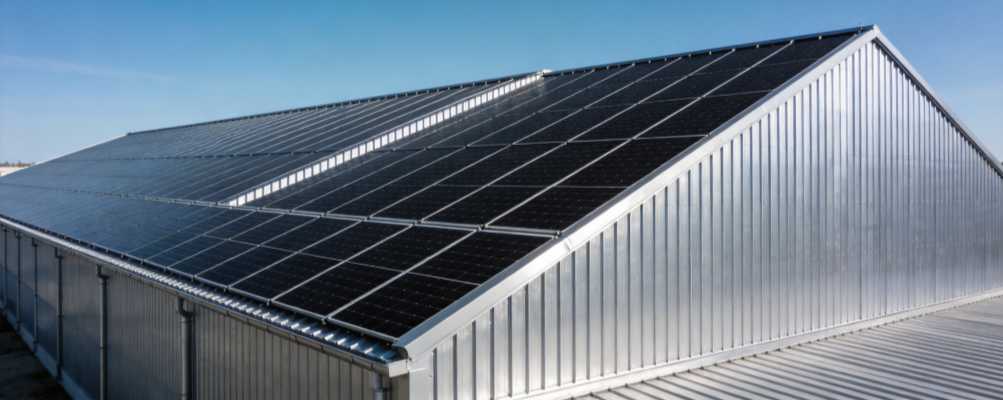 greenmore-pitched-metal-roof-solar-panel-system A solar photovoltaic array fully covering the roof of a GreenMore gabled metal factory building.