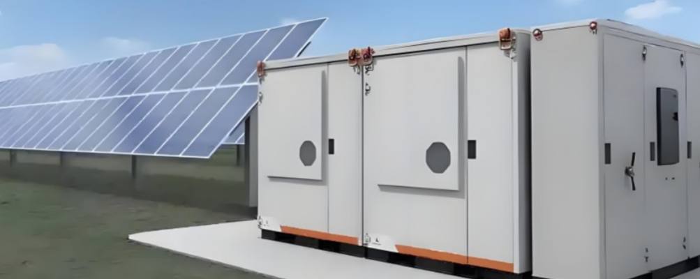 GreenMore microgrid system consisting of ground-mounted solar photovoltaic arrays and outdoor energy storage cabinets