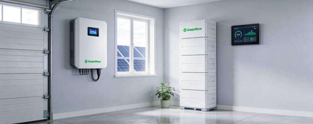 Wall-mounted and stacked home energy storage batteries with hybrid inverter in a residential garage