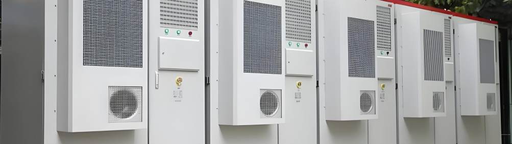 GreenMore's outdoor array of commercial and industrial energy storage battery cabinets and temperature control systems.