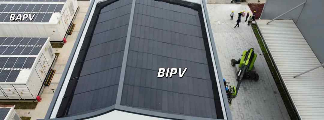 An aerial comparison of GreenMore BIPV solar tile roofs and traditional BAPV photovoltaic systems.