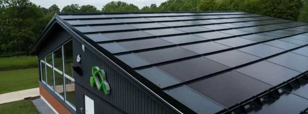 A real-life example of GreenMore's modern architectural pitched roof with flat, all-black flat solar tiles.